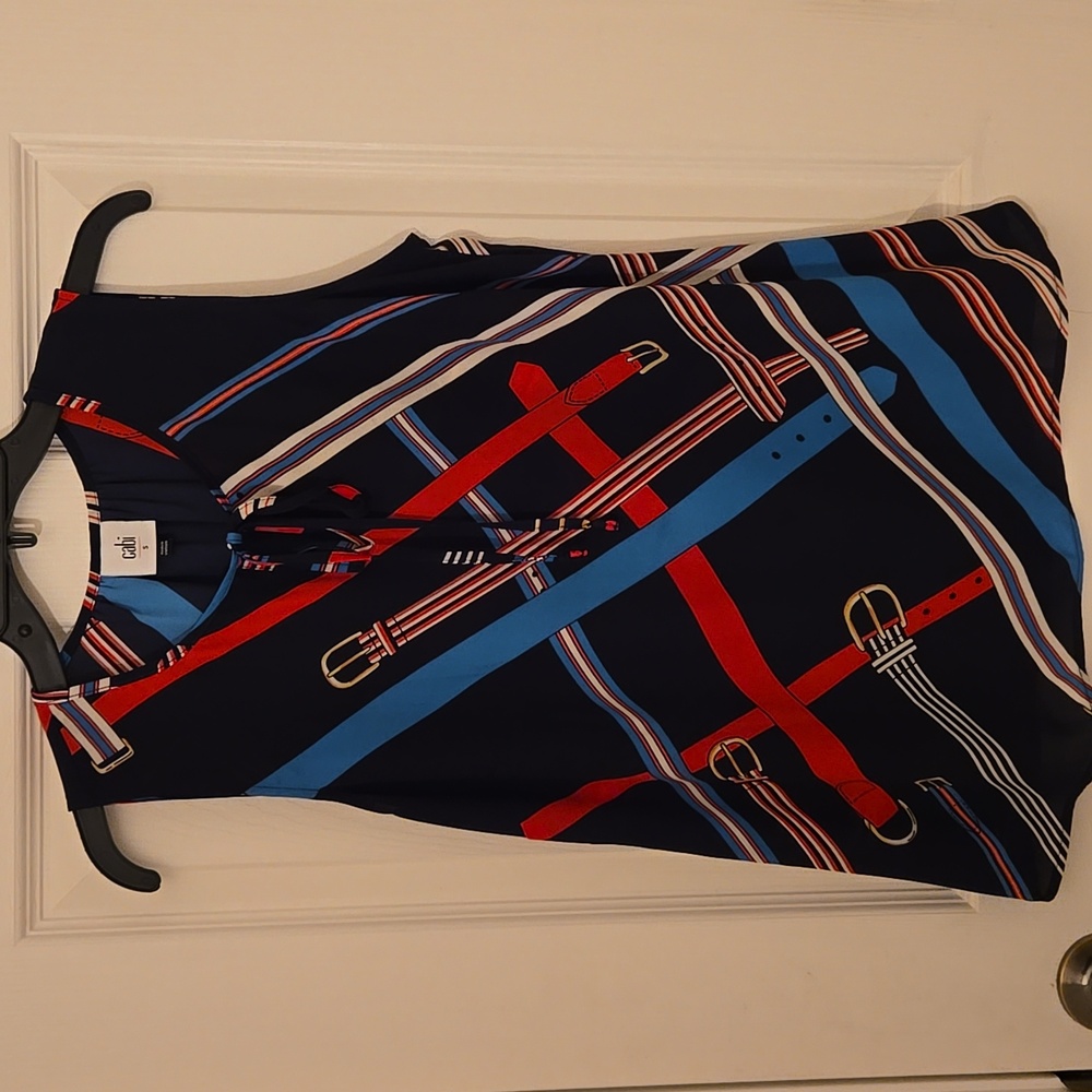 CAbi Navy and Red Belted Pattern Blouse